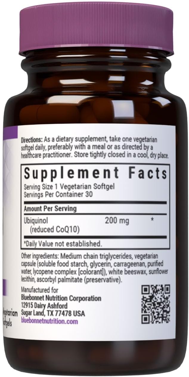 Bluebonnet Nutrition Active CoQ10 Ubiquinol 200mg Vegetarian Softgels, Heart &amp; Cellular Health from Kaneka, Non GMO, Gluten, Soy &amp; Milk Free, White, 30
