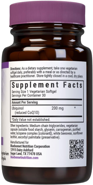 Bluebonnet Nutrition Active CoQ10 Ubiquinol 200mg Vegetarian Softgels, Heart & Cellular Health from Kaneka, Non GMO, Gluten, Soy & Milk Free, White, 30