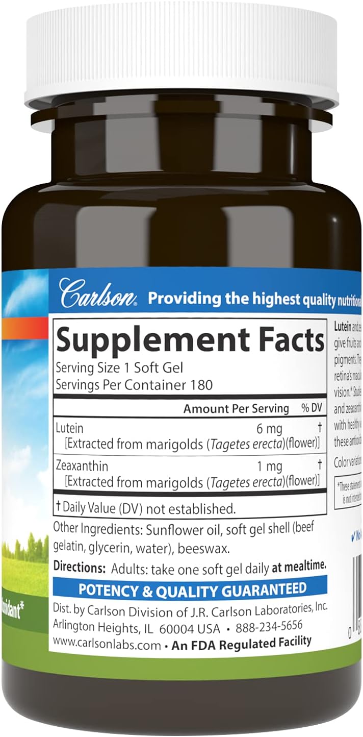 Carlson - Lutein, 6 mg, Healthy Vision &amp; Eye Function, Antioxidant, Lutein Supplements for Eyes, Eye Vitamins with Lutein &amp; Zeaxanthin, 180 Softgels