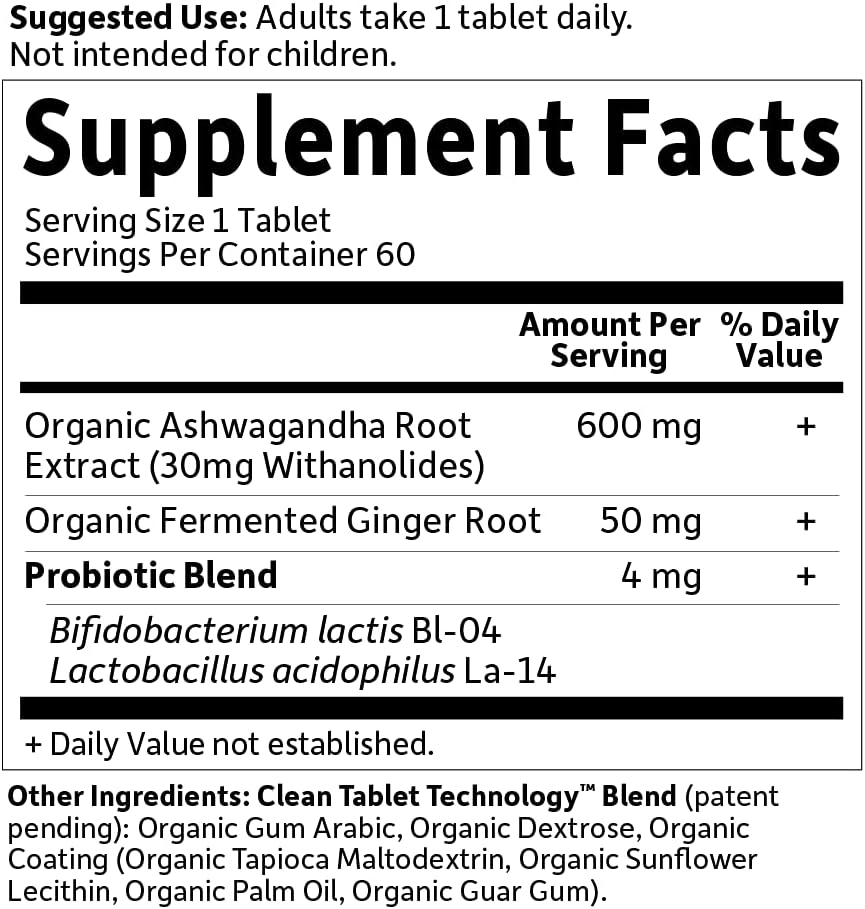 Garden of Life Organic Ashwagandha Supplement with Probiotics &amp; Ginger - Stress, Mood &amp; Energy Support, Vegan, Gluten Free, Non GMO, 2 Month Supply, 60 Tablets