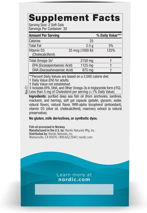 Nordic Naturals Ultimate Omega 2X with Vitamin D3, Lemon Flavor - 60 Soft Gels - 2150 mg Omega-3 + 1000 IU D3 - EPA & DHA - Brain, Heart, & Immune Health - 30 Servings