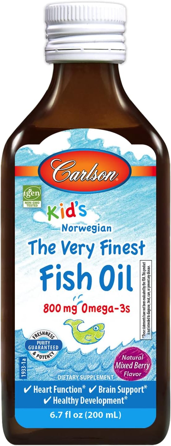 Carlson - Kid's The Very Finest Fish Oil, 800 mg Omega-3s, Liquid Fish Oil Supplement, Norwegian Fish Oil, Wild-Caught, Sustainably Sourced , Mixed Berry, 200 mL (6.7 Fl Oz)