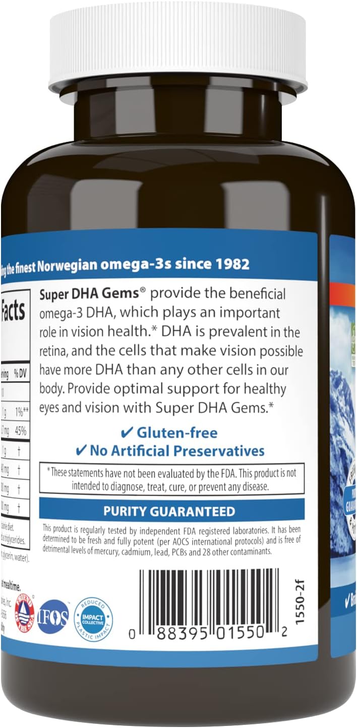 Carlson - Super DHA Gems, 500 mg DHA Supplements, Norwegian Fish Oil Concentrate, Wild-Caught, Sustainably Sourced Fish Oil Capsules, Cognitive Health, 60 Softgels