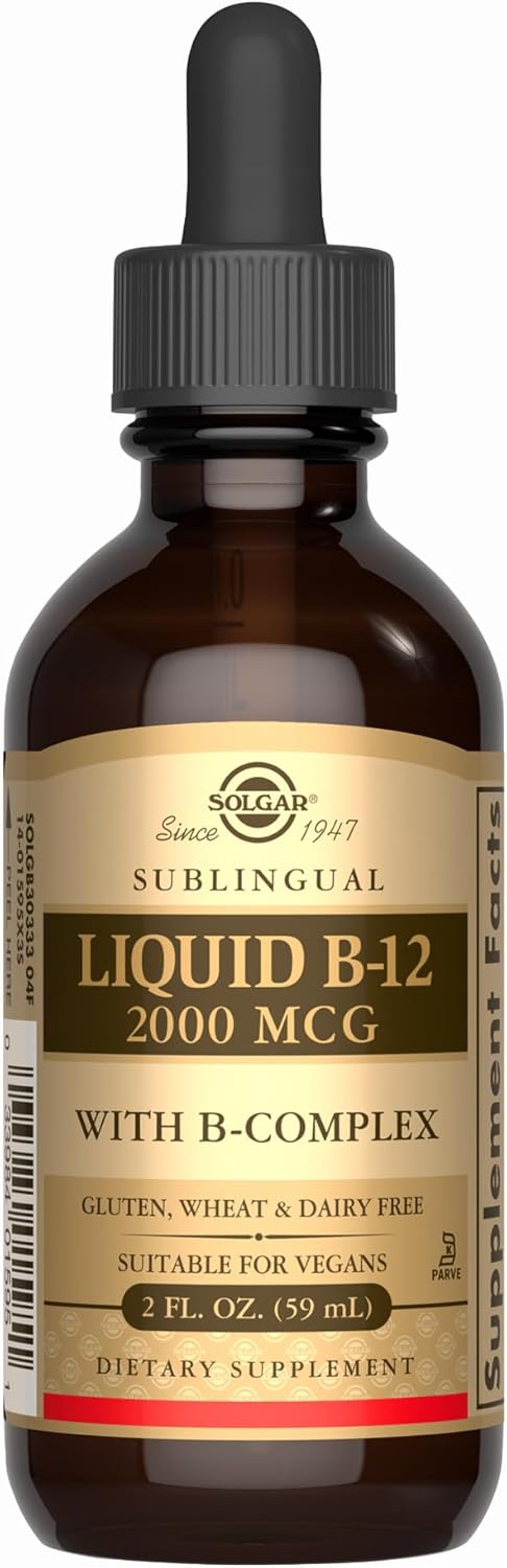 Solgar Sublingual Liquid B-12 2000 mcg with B-Complex - 2 fl oz - Supports Production of Energy, Red Blood Cells, Healthy Nervous System &amp; Heart Health - Vegan, Gluten Free - 59 Total Servings