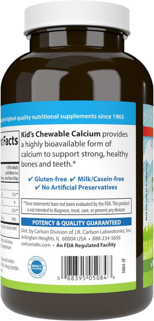 Carlson - Kid's Chewable Calcium, 250 mg, Highly Absorbable, Bone & Teeth Support, Optimal Wellness, Natural Vanilla Flavor, 120 Tablets