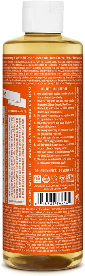 Dr. Bronner&#39;s - Pure-Castile Liquid Soap (Tea Tree, 16 ounce) - Made with Organic Oils, 18-in-1 Uses: Acne-Prone Skin, Dandruff, Laundry, Pets and Dishes, Concentrated, Vegan, Non-GMO