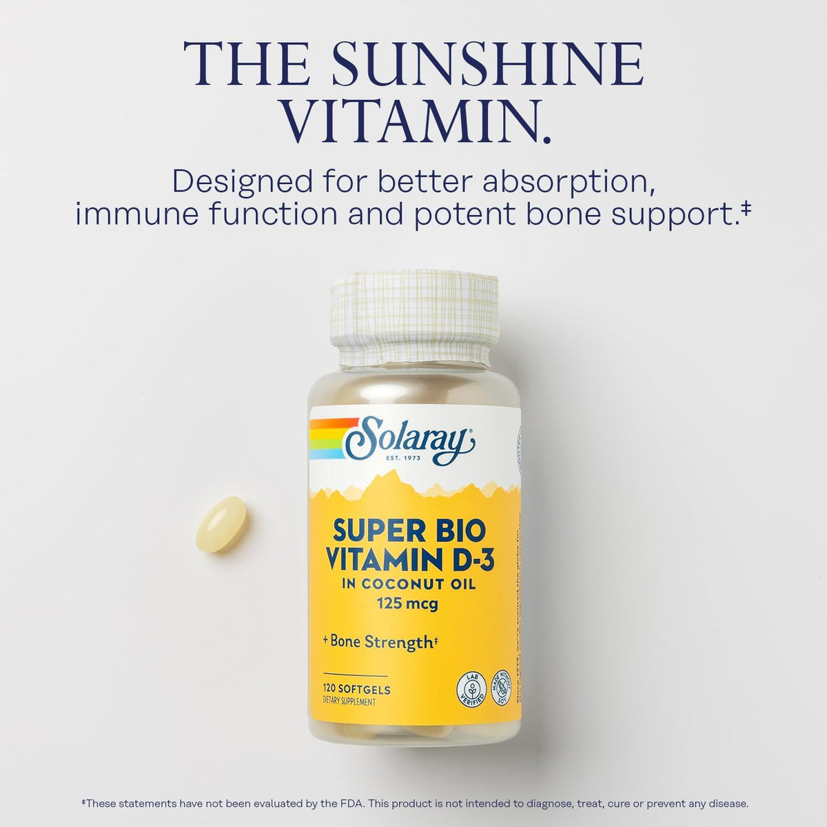 SOLARAY Super Bio Vitamin D3 in Coconut Oil - D3 Vitamin 5000 IU - Bone Health and Immune Support Supplement - Lab Verified, Made Wtihout Soy, 60-Day Guarantee - 120 Softgels, 120 Servings