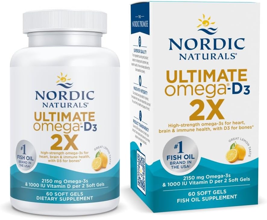 Nordic Naturals Ultimate Omega 2X with Vitamin D3, Lemon Flavor - 60 Soft Gels - 2150 mg Omega-3 + 1000 IU D3 - EPA &amp; DHA - Brain, Heart, &amp; Immune Health - 30 Servings