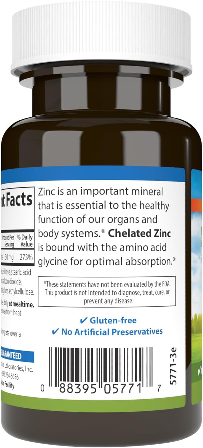 Carlson - Chelated Zinc, 30 mg - Superior Absorption, Immune Support &amp; Enzyme Function, Antioxidant, 100 tablets