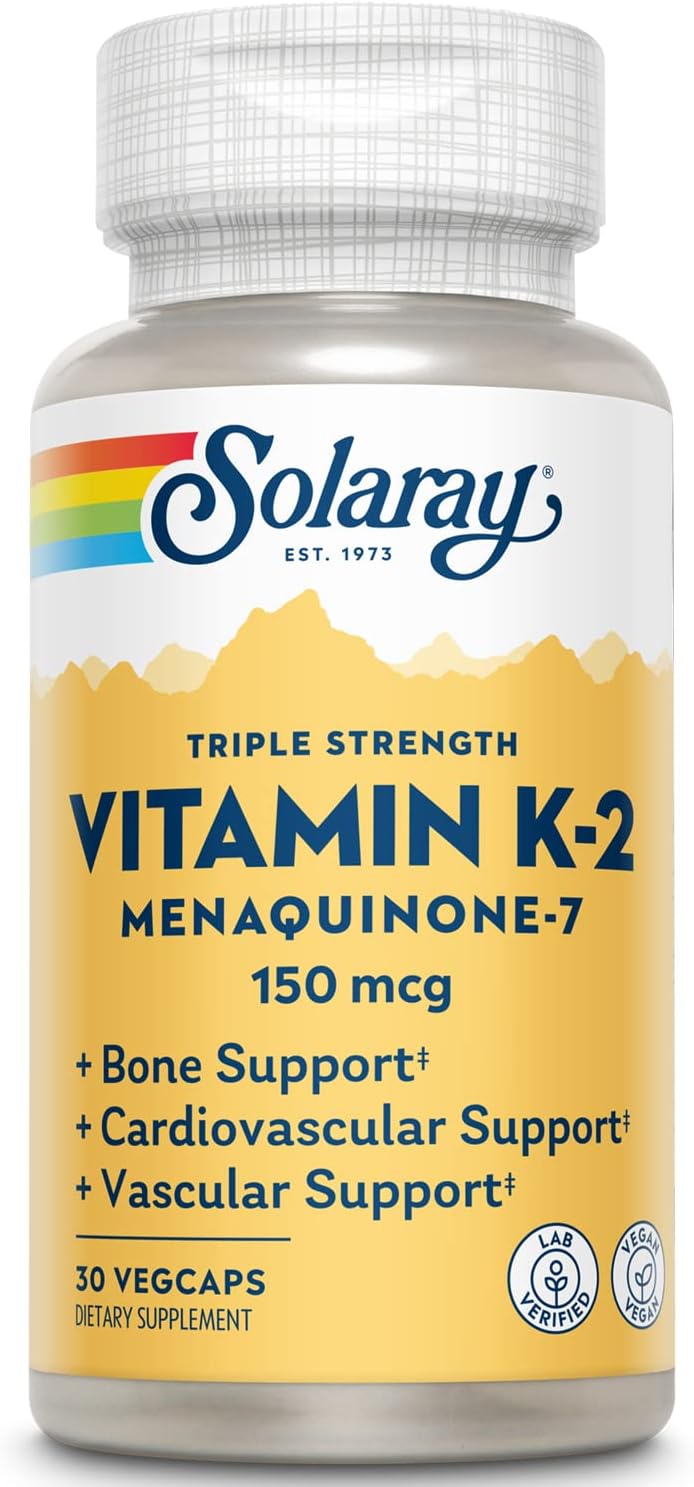 SOLARAY Triple Strength Vitamin K-2 as MK-7, 150 mcg | Heart &amp; Bone Health, Vascular Function Support | 30ct