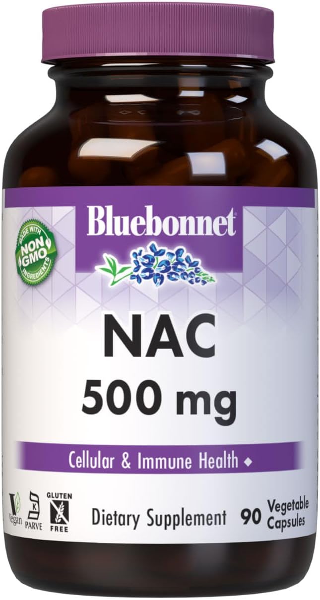 Bluebonnet NAC Supplement N-Acetyl-L-Cysteine 500 mg - Antioxidant Cellular Health & Immune Support - Free-Form Amino Acid for Women & Men - Non-GMO, Kosher, Gluten-Free - 90 Vegetable Capsules