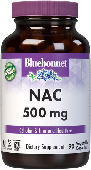 Bluebonnet NAC Supplement N-Acetyl-L-Cysteine 500 mg - Antioxidant Cellular Health & Immune Support - Free-Form Amino Acid for Women & Men - Non-GMO, Kosher, Gluten-Free - 90 Vegetable Capsules