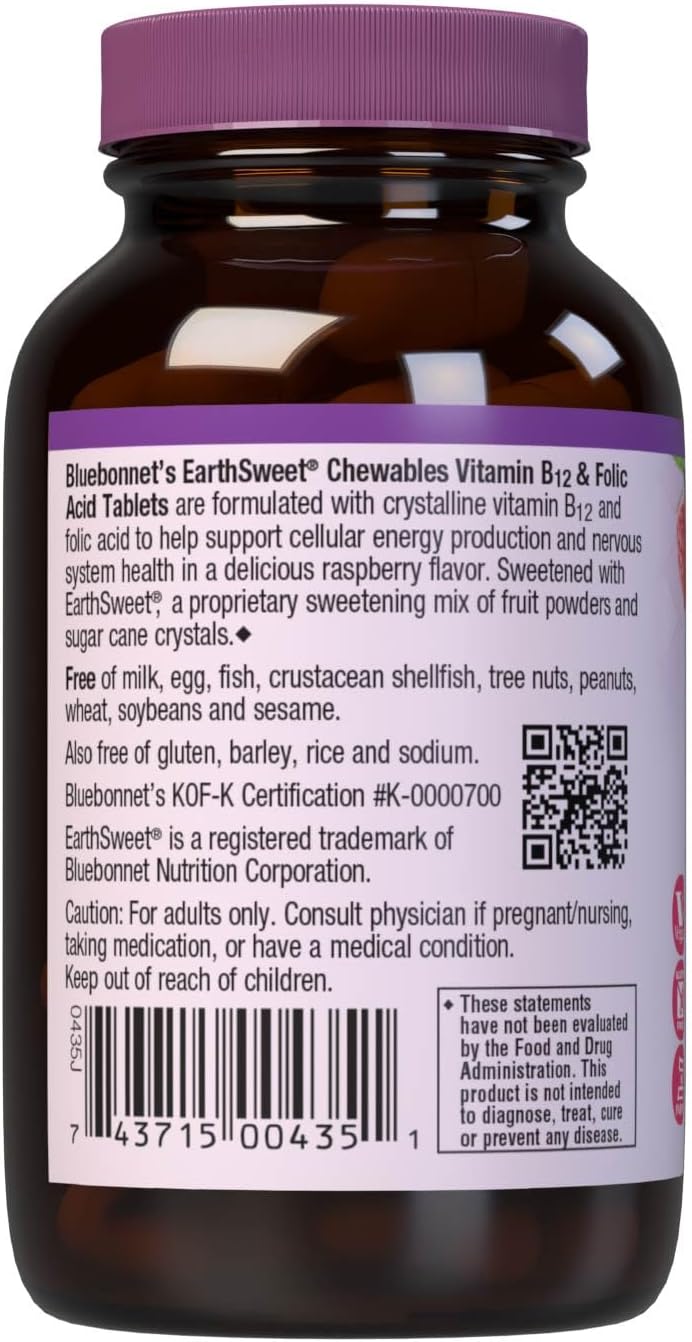 BlueBonnet Nutrition Earth Sweet Vitamin B12 1000 mcg, 180 Chewable Tablets