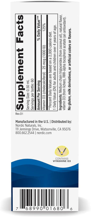 Nordic Naturals Plant-Based Vitamin D3 Liquid - 1 oz - 1000 IU Vitamin D3 - Healthy Bones, Mood & Immune System Function - Non-GMO, Vegan - 60 Servings