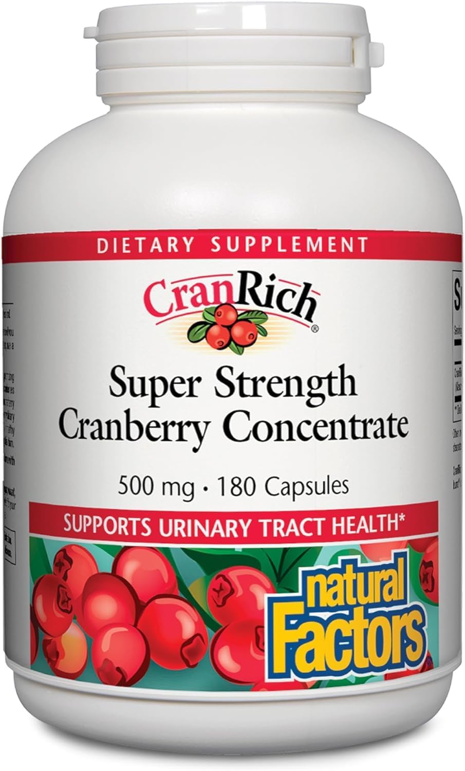 Natural Factors CranRich, Super Strength 36:1 Cranberry Concentrate, 500 mg, Sugar-Free Whole Fruit Cranberry Pills for Urinary Tract Health, 180 Capsules