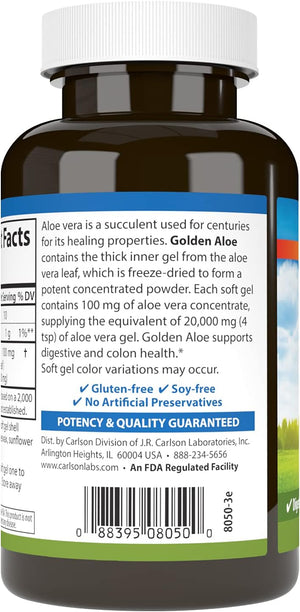 Carlson - Golden Aloe, 100 mg (200:1 Concentrate), Digestive Support & Colon Health, Optimal Wellness, 60 Softgels