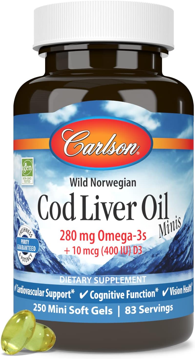 Carlson - Cod Liver Oil Minis, 280 mg Omega-3s + Vitamins A &amp; D3, Heart Support &amp; Cognitive Function, Vision Health, 250 Mini Soft Gels