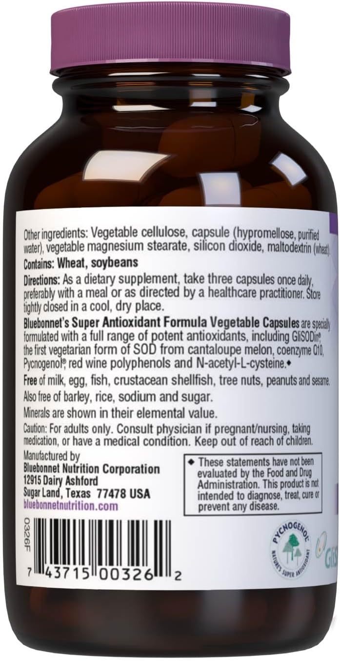 Bluebonnet Super Antioxidant Formula Immune & Radiance Supplement Vitamin A 10000 IU NAC Selenium Quercetin Superoxide Dismutase & Polyphenols Blended Antioxidants for Women & Men - 60 Veggie Capsules