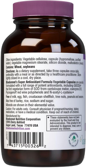 Bluebonnet Super Antioxidant Formula Immune & Radiance Supplement Vitamin A 10000 IU NAC Selenium Quercetin Superoxide Dismutase & Polyphenols Blended Antioxidants for Women & Men - 60 Veggie Capsules