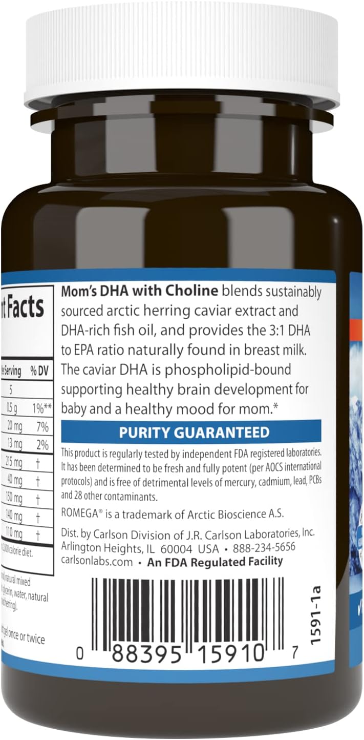 Carlson - Mom&#39;s DHA with Choline, 3:1 DHA to EPA Ratio Found in Breastmilk, Growth and Development, 60 Softgels