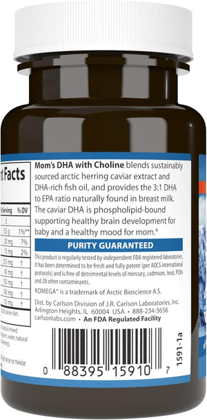 Carlson - Mom's DHA with Choline, 3:1 DHA to EPA Ratio Found in Breastmilk, Growth and Development, 60 Softgels