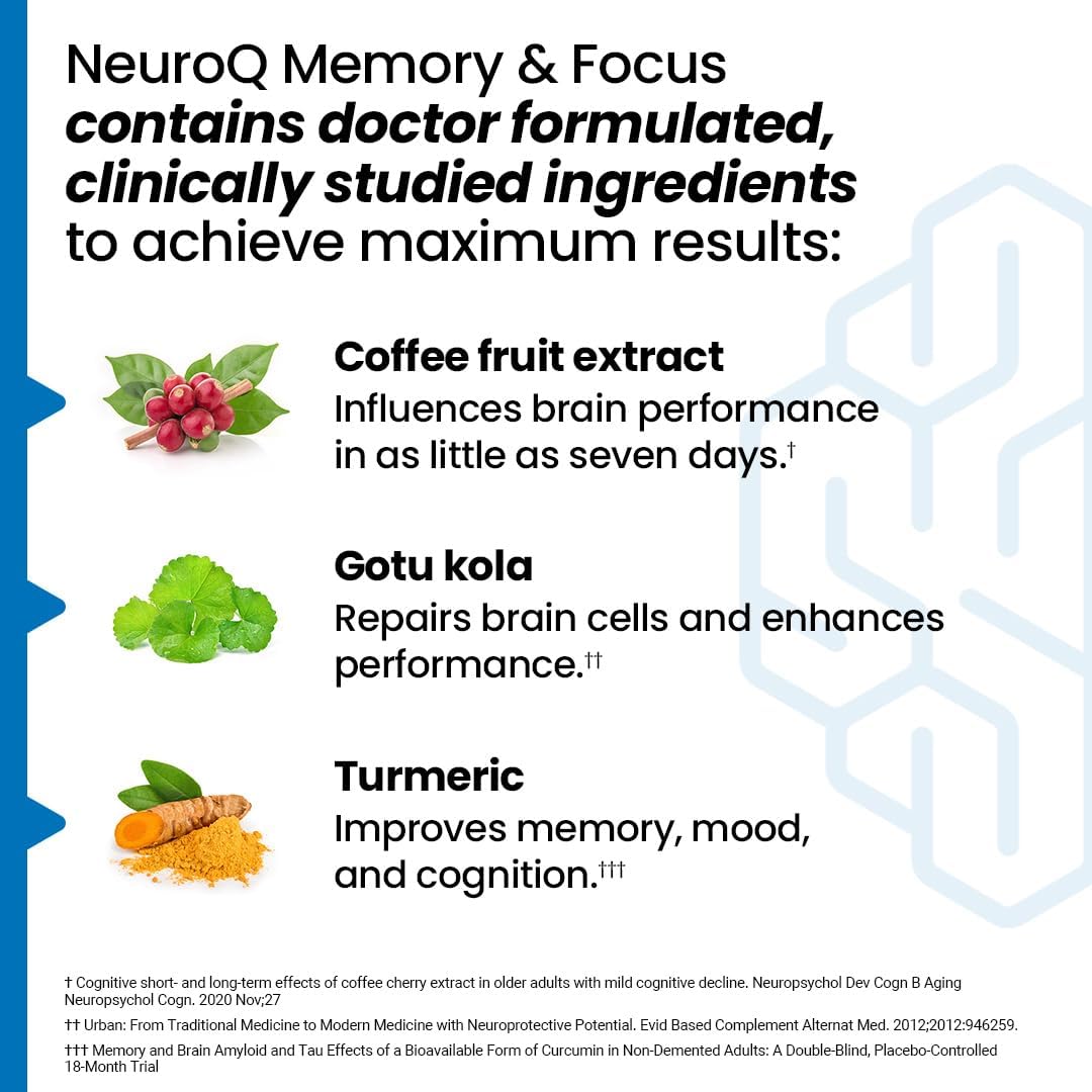 NeuroQ Memory &amp; Focus - Boosts Cognitive Performance &amp; Healthy Brain Function - Neuroprotective Formula by Dr. Dale Bredesen - Gotu Kola Ginkgo Phosphatidylserine Coffee Fruit &amp; Propolis - 60 Capsules