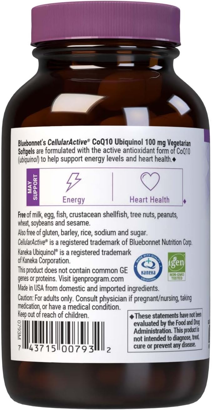 Bluebonnet Ccellular Active CoQ10 Ubiquinol Vegetarian Softgels, 100 mg, Maroon, 60 Count