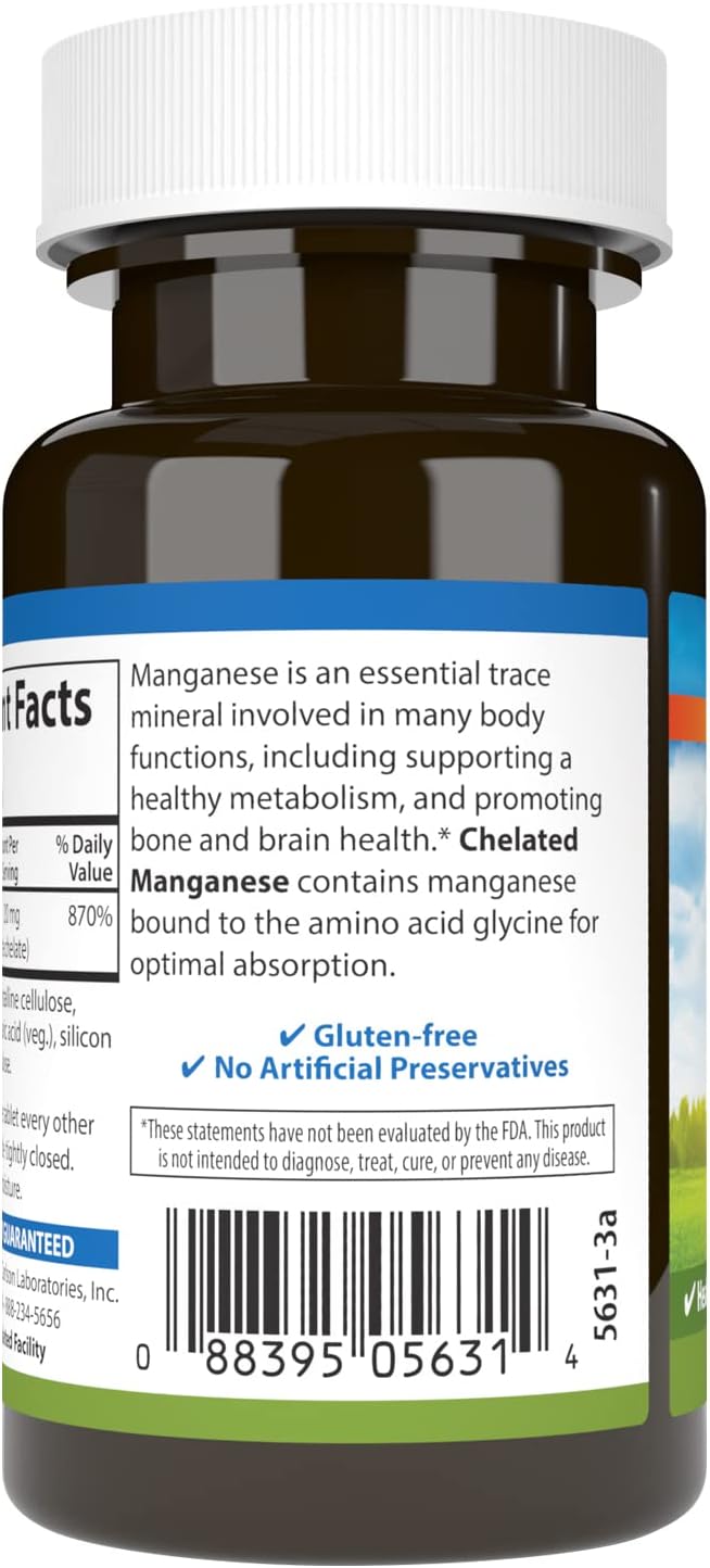 Carlson - Chelated Manganese, 20 mg, Superior Absorption, Healthy Metabolism, Bone Support &amp; Brain Health, 100 Tablets