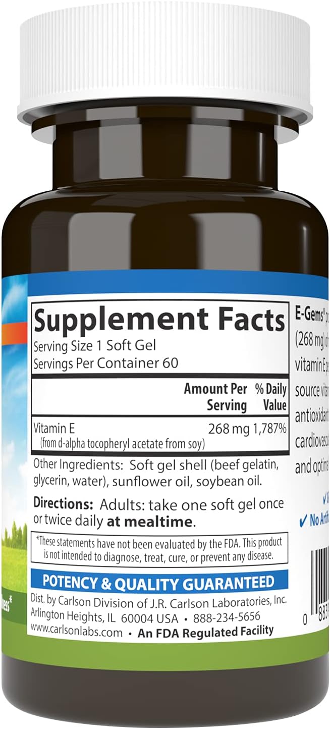 Carlson Labs E-Gems Natural Vitamin E, 400 IU, 60 Softgels
