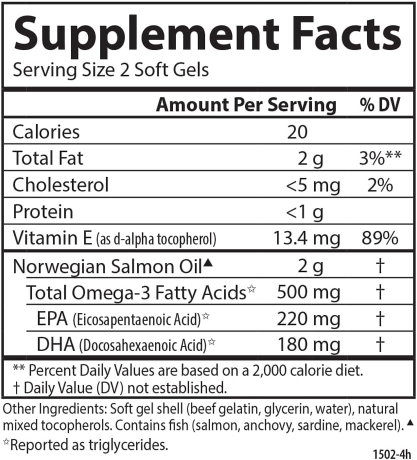 Carlson Salmon Oil, 500mg Omega-3s, Wild-Caught Norwegian Fish Oil, Sustainably Sourced, 50 Softgels