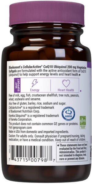 Bluebonnet Nutrition Active CoQ10 Ubiquinol 200mg Vegetarian Softgels, Heart & Cellular Health from Kaneka, Non GMO, Gluten, Soy & Milk Free, White, 30