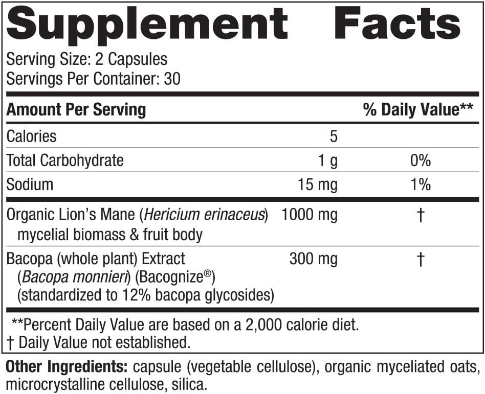 Nordic Naturals Cognition Mushroom Complex, Unflavored - 60 Capsules - Brain, Memory &amp; Mood Support - Blend of Lion’s Mane Mushroom &amp; Bacopa Extract - Non-GMO - Certified Vegan - 30 Servings