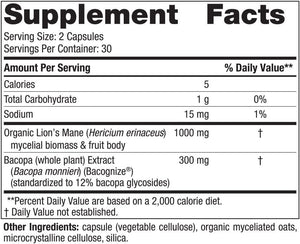 Nordic Naturals Cognition Mushroom Complex, Unflavored - 60 Capsules - Brain, Memory & Mood Support - Blend of Lion’s Mane Mushroom & Bacopa Extract - Non-GMO - Certified Vegan - 30 Servings