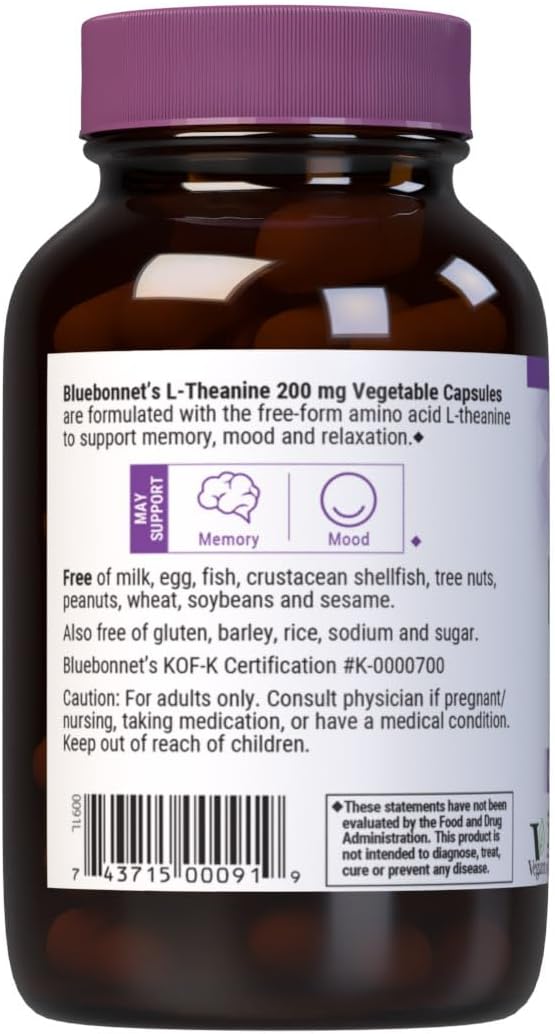 Bluebonnet Nutrition L-Theanine 200mg, Free-Form Amino Acid, Promotes Relaxation*, Soy-Free, Gluten-Free, Non-GMO, Kosher Certified, Vegan, 60 Vegetable Capsules, 60 Servings