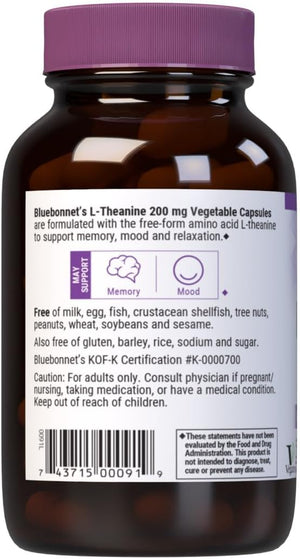 Bluebonnet Nutrition L-Theanine 200mg, Free-Form Amino Acid, Promotes Relaxation*, Soy-Free, Gluten-Free, Non-GMO, Kosher Certified, Vegan, 60 Vegetable Capsules, 60 Servings