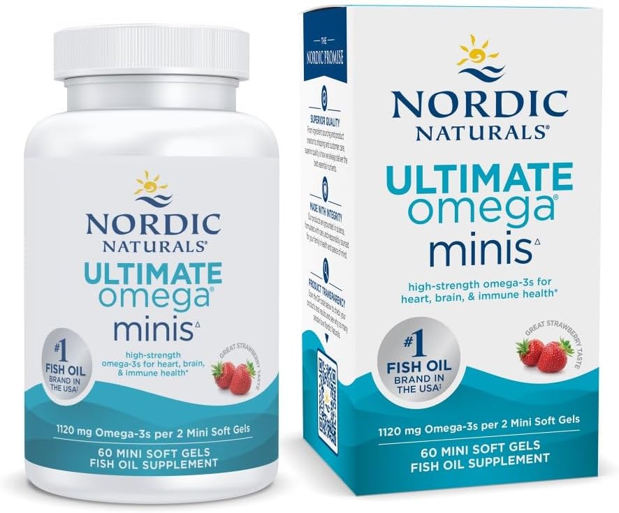 Nordic Naturals Ultimate Omega 2X Mini, Strawberry Flavor - 60 Mini Soft Gels - 1120 mg Omega-3 - High-Potency Omega-3 Fish Oil Supplement - EPA &amp; DHA - Promotes Brain &amp; Heart Health - 30 Servings