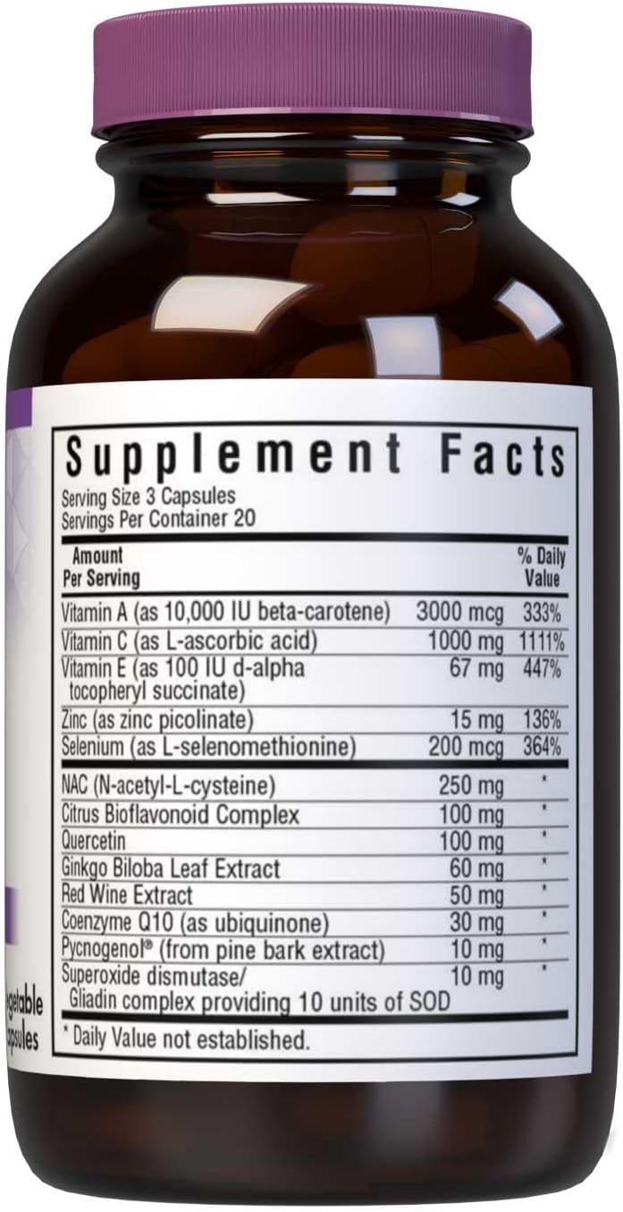 Bluebonnet Super Antioxidant Formula Immune & Radiance Supplement Vitamin A 10000 IU NAC Selenium Quercetin Superoxide Dismutase & Polyphenols Blended Antioxidants for Women & Men - 60 Veggie Capsules