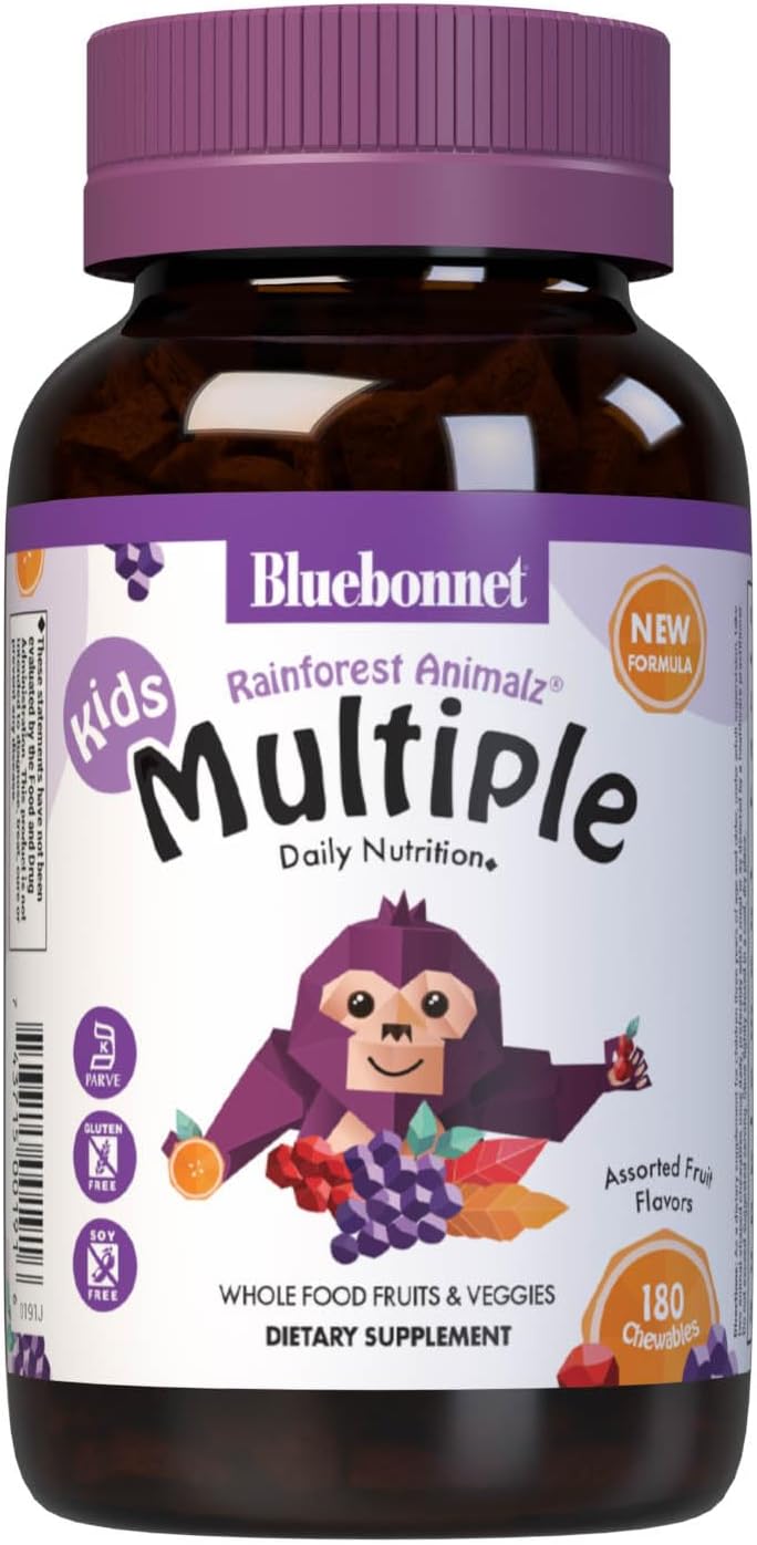 Bluebonnet Nutrition Rainforest Animalz Whole Food Based Multiple Chewable Tablet, Kids Multivitamin &amp; Mineral, Vitamin C, D3, Iron, Gluten Free, Milk Free, Kosher, 180 Chewable Tablets, Mixed Flavor