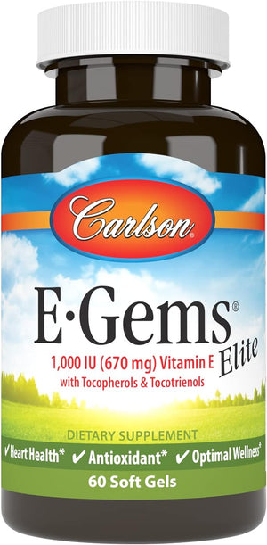 Carlson - E-Gems Elite, 1000 IU (670 mg) Vitamin E with Tocopherols and Tocotrienols, Optimal Wellness, 60 Softgels