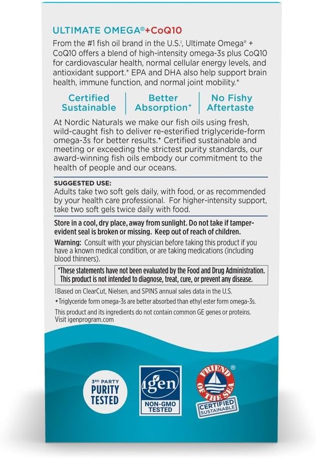 Nordic Naturals Ultimate Omega + CoQ10, Lemon - 60 Soft Gels - 1280 mg Omega-3 + 100 mg CoQ10 - Heart Health, Cellular Energy, Antioxidant Support - Non-GMO - 30 Servings