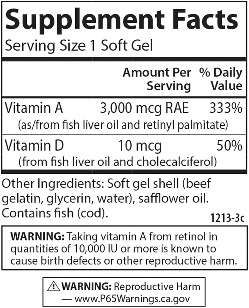Carlson - A &amp; D, 10000 IU (3000 mcg RAE) Vitamin A, 400 IU (10 mcg) Vitamin D3, Vision Support, Skin Health, 300 Soft Gels