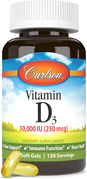 Carlson - Vitamin D3, 10000 IU (250 mcg), Vitamin D Supplements, Bone & Immune Support, Vitamin D3 Softgels, Heart Health, Gluten Free Vitamin D Capsules, 120 Softgels