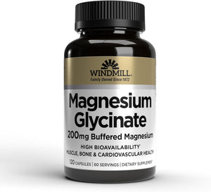 Windmill Natural Vitamins Magnesium Glycinate 200 mg, Supports Muscle, Joint, and Heart Health, Energy and Bone Support, Veggie Capsules, Gluten Free, Vegan, Non-GMO, 120 Capsules