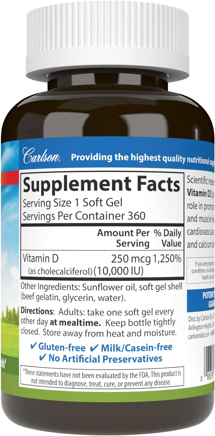 Carlson Vitamin D3 10,000 IU (250 mcg), Cholecalciferol, Bone &amp; Immune Health, 360 Soft Gels