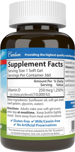 Carlson Vitamin D3 10,000 IU (250 mcg), Cholecalciferol, Bone & Immune Health, 360 Soft Gels