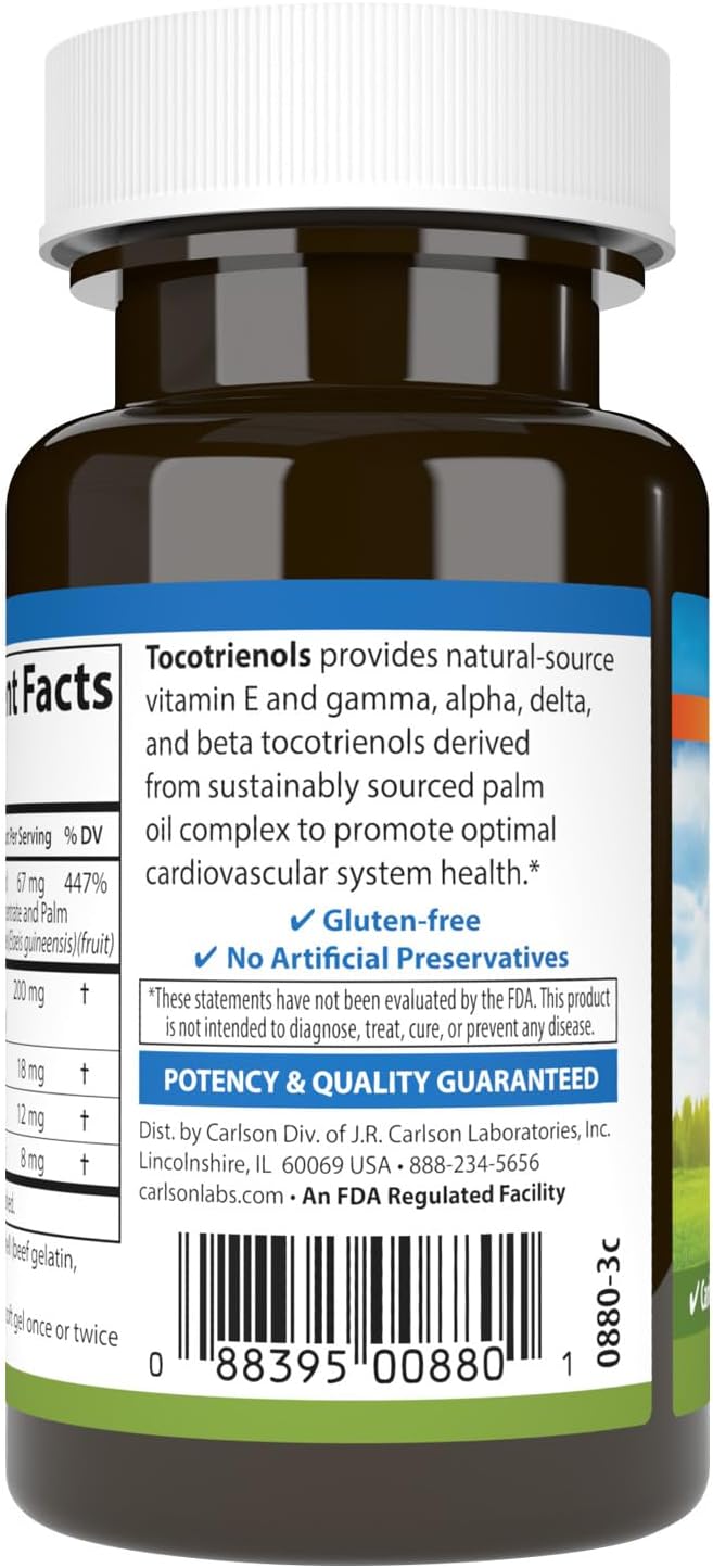 Carlson - Tocotrienols, 40 mg, with Natural-Source Vitamin E, Gamma, Alpha, Delta, Beta, Sustainably Sourced, 30 Softgels