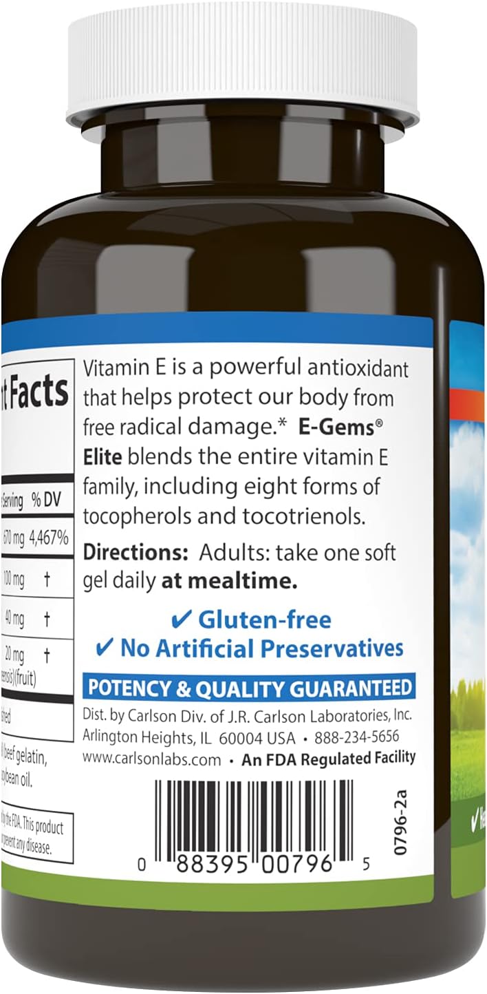 Carlson - E-Gems Elite, 1000 IU (670 mg) Vitamin E with Tocopherols and Tocotrienols, Optimal Wellness, 60 Softgels