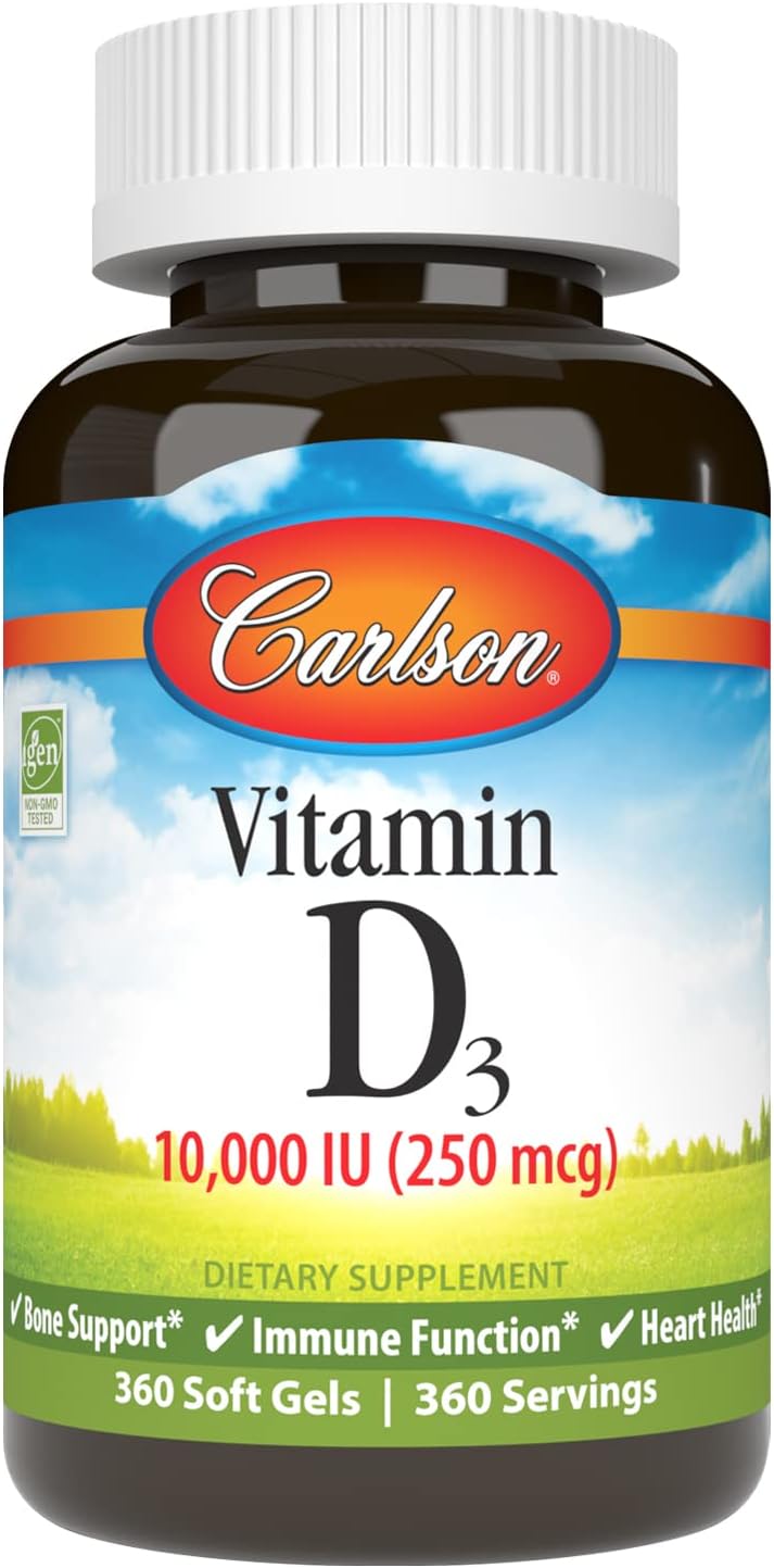 Carlson Vitamin D3 10,000 IU (250 mcg), Cholecalciferol, Bone &amp; Immune Health, 360 Soft Gels