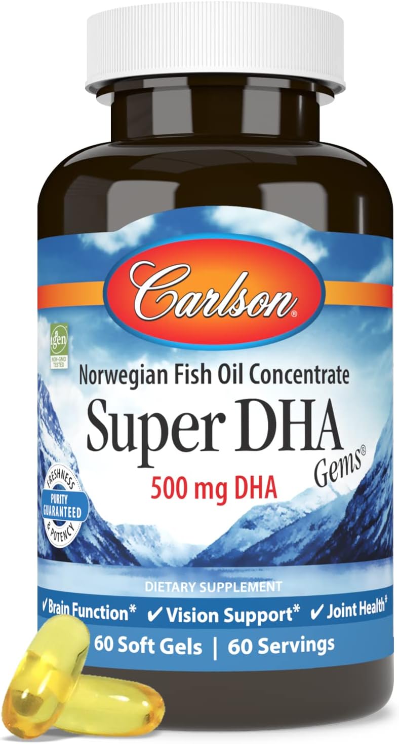 Carlson - Super DHA Gems, 500 mg DHA Supplements, Norwegian Fish Oil Concentrate, Wild-Caught, Sustainably Sourced Fish Oil Capsules, Cognitive Health, 60 Softgels