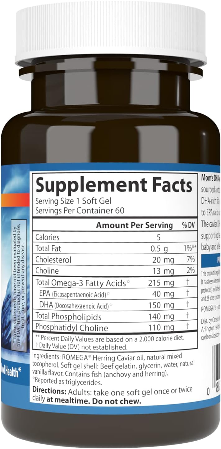 Carlson - Mom&#39;s DHA with Choline, 3:1 DHA to EPA Ratio Found in Breastmilk, Growth and Development, 60 Softgels